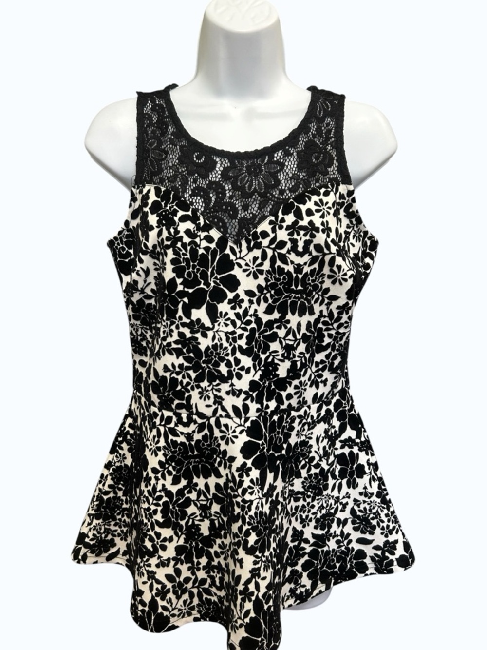 Sloane & Sadie Velvet Floral Peplum Top w/ Lace Illusion Neckline Size S